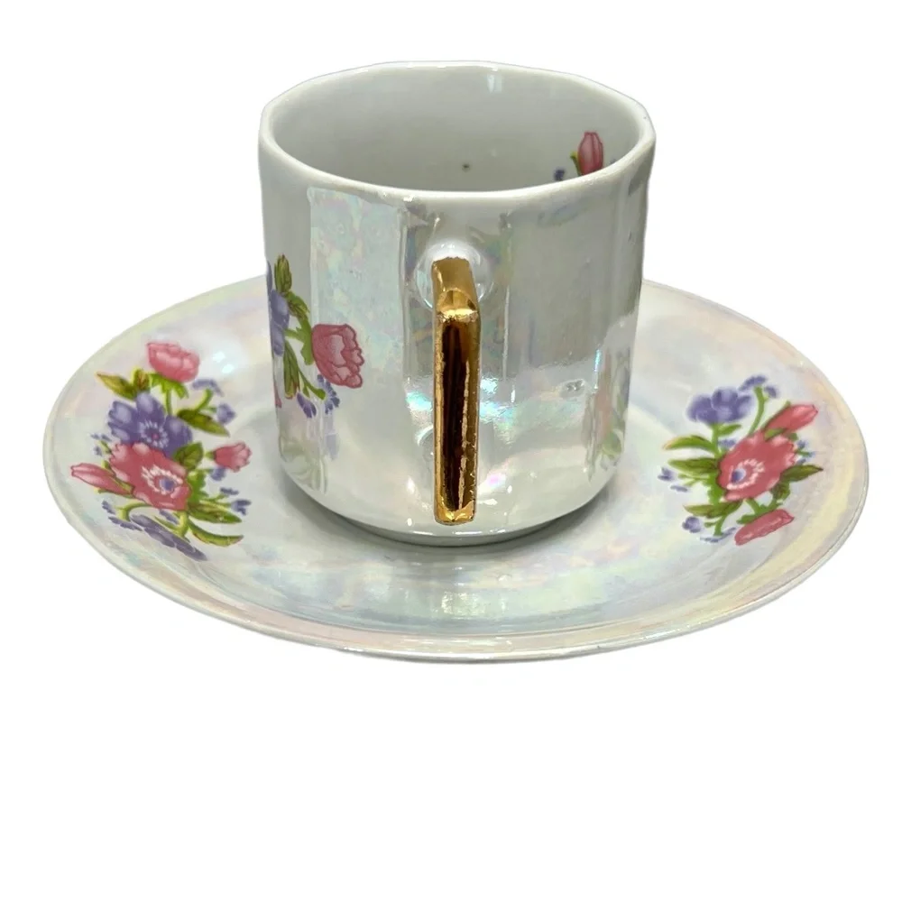 1970s WAHBEH OF CHINA LUSTERWARE PINK & PURPLE FLORAL CUPS & SAUCERS - SET OF 6